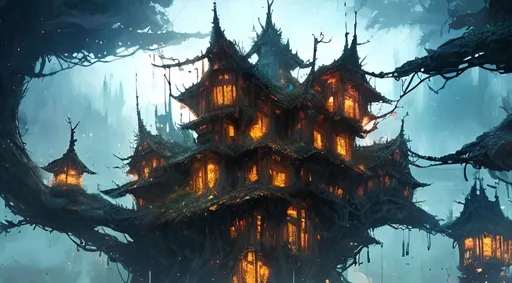 Prompt: a village built high in the branches of a giant tree :: Core :: Scarecrow :: Kaleidoscope :: Masterpiece :: blue white red :: Biological :: muted brush stroke :: by Ruan Jia, by Travis Charest, by Yoji Shinkawa :: elaborate :: intricate :: hyper detailed :: 8k resolution :: a masterpiece :: concept art :: dynamic lighting :: Splash screen art :: deep colors
