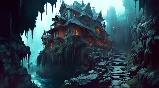 Prompt: a D&D style village built deep underground in a warren of caves :: Core :: Scarecrow :: Kaleidoscope :: Masterpiece :: blue white red :: Biological :: muted brush stroke :: by Ruan Jia, by Travis Charest, by Yoji Shinkawa :: elaborate :: intricate :: hyper detailed :: 8k resolution :: a masterpiece :: concept art :: dynamic lighting :: Splash screen art :: deep colors