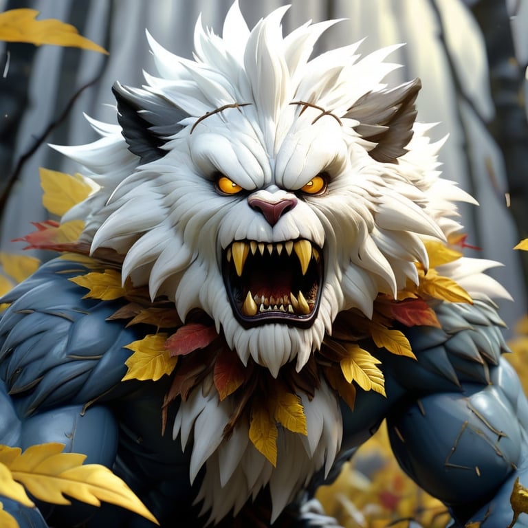 Prompt: small male angry furry monster with white fur :: Arctic background :: he is only covered by leaves and sticks :: he is looking directly at camera :: Core :: Lightning :: Scarecrow :: Kaleidoscope :: Masterpiece :: white yellow white :: Biological :: muted brush stroke :: by Ruan Jia, by Travis Charest, by Yoji Shinkawa :: elaborate :: intricate :: hyper detailed :: 8k resolution :: a masterpiece :: concept art :: dynamic lighting :: Splash screen art :: deep colors