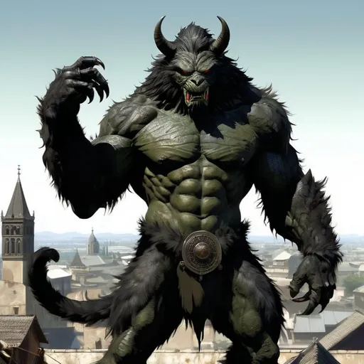 Prompt: giant male angry furry monster with black fur :: medieval town in background :: he is only covered by fur :: he is looking directly at camera :: Core :: Scarecrow :: Kaleidoscope :: Masterpiece :: black brown green :: Biological :: muted brush stroke :: by Ruan Jia, by Travis Charest, by Yoji Shinkawa :: elaborate :: intricate :: hyper detailed :: 8k resolution :: a masterpiece :: concept art :: dynamic lighting :: Splash screen art :: deep colors :: zoom out :: wide angle lens :: seen from afar