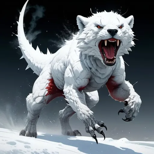 Prompt: tiny female angry furry flying reptile with white fur :: Arctic background :: she is only covered by snow and ice :: she is looking directly at camera :: Core :: Lightning :: Scarecrow :: Kaleidoscope :: Masterpiece :: white red white :: Biological :: muted brush stroke :: by Ruan Jia, by Travis Charest, by Yoji Shinkawa :: elaborate :: intricate :: hyper detailed :: 8k resolution :: a masterpiece :: concept art :: dynamic lighting :: Splash screen art :: deep colors :: zoom out :: wide angle lens