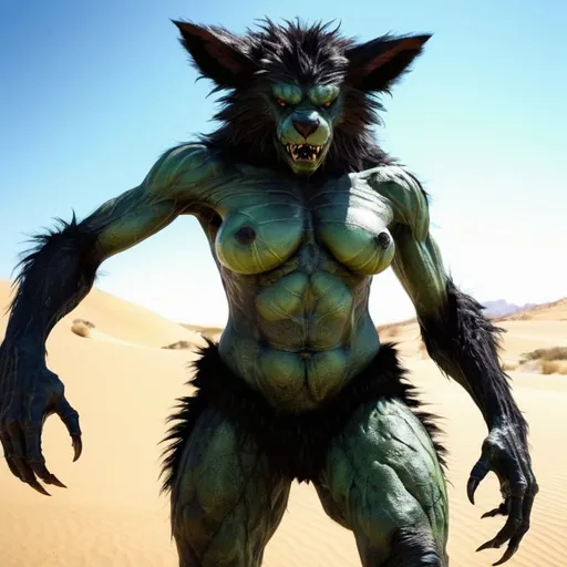 Prompt: giant female angry furry monster with black fur :: desert background :: she is only covered by fur :: she is looking directly at camera :: Core :: Scarecrow :: Kaleidoscope :: Masterpiece :: black brown green :: Biological :: muted brush stroke :: by Ruan Jia, by Travis Charest, by Yoji Shinkawa :: elaborate :: intricate :: hyper detailed :: 8k resolution :: a masterpiece :: concept art :: dynamic lighting :: Splash screen art :: deep colors :: zoom out :: wide angle lens