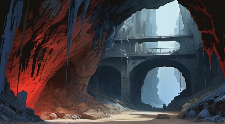 Prompt: a village built deep underground in a warren of caves :: Core :: Scarecrow :: Kaleidoscope :: Masterpiece :: blue white red :: Biological :: muted brush stroke :: by Ruan Jia, by Travis Charest, by Yoji Shinkawa :: elaborate :: intricate :: hyper detailed :: 8k resolution :: a masterpiece :: concept art :: dynamic lighting :: Splash screen art :: deep colors