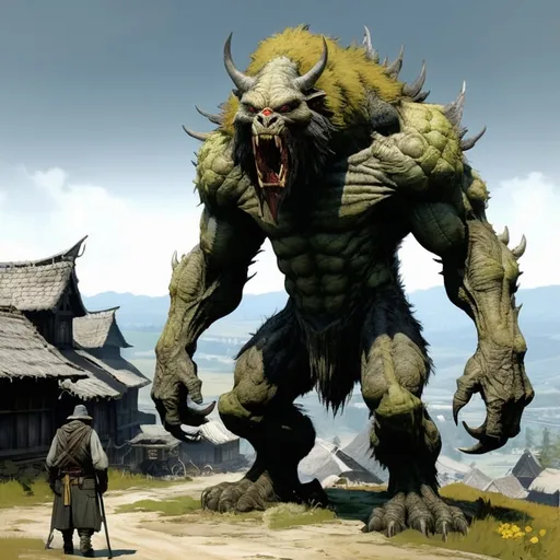 Prompt: giant male angry bipedal monster with gray fur :: medieval village in background :: he is only covered by fur :: he is looking directly at camera :: Core :: Scarecrow :: Kaleidoscope :: Masterpiece :: gray yellow green :: Biological :: muted brush stroke :: by Ruan Jia, by Travis Charest, by Yoji Shinkawa :: elaborate :: intricate :: hyper detailed :: 8k resolution :: a masterpiece :: concept art :: dynamic lighting :: Splash screen art :: deep colors :: zoom out :: wide angle lens :: seen from afar :: creature towers over the village