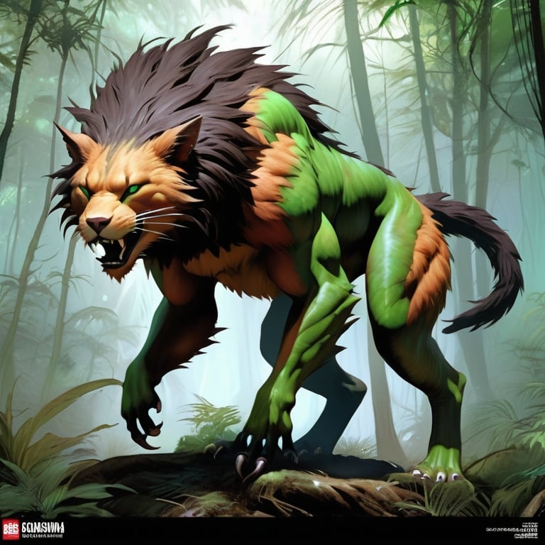 Prompt: large furry female four-legged monster  :: rainforest :: Core :: Lightning :: Scarecrow :: Kaleidoscope :: Masterpiece :: brown gray green :: Biological :: muted brush stroke :: by Ruan Jia, by Travis Charest, by Yoji Shinkawa :: elaborate :: intricate :: hyper detailed :: 8k resolution :: a masterpiece :: concept art :: dynamic lighting :: Splash screen art :: deep colors