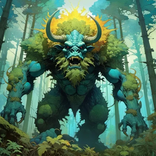 Prompt: giant furry two-legged monster  :: towering over a forest :: Core :: Lightning :: Scarecrow :: Kaleidoscope :: Masterpiece :: blue yellow green :: Biological :: muted brush stroke :: by Ruan Jia, by Travis Charest, by Yoji Shinkawa :: elaborate :: intricate :: hyper detailed :: 8k resolution :: a masterpiece :: concept art :: dynamic lighting :: Splash screen art :: deep colors