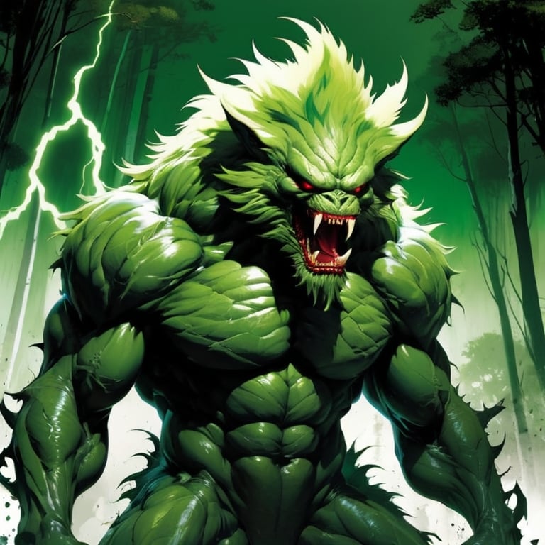 Prompt: small angry mutant furry serpentine monster with green fur :: forest background :: he is only covered by fur :: he is looking directly at camera :: zoom out :: Core :: Lightning :: Scarecrow :: Kaleidoscope :: Masterpiece :: green red green :: Biological :: muted brush stroke :: by Ruan Jia, by Travis Charest, by Yoji Shinkawa :: elaborate :: intricate :: hyper detailed :: 8k resolution :: a masterpiece :: concept art :: dynamic lighting :: Splash screen art :: deep colors