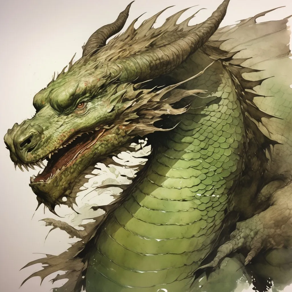 Prompt: a fat dragon with tiny wings : watercolor : masterpiece : green brown green : biological : muted brush stroke : by Ruan Jia, by Travis Charest, by Yoji Shinkawa : elaborate : intricate : hyper detailed : 8k resolution : a masterpiece : concept art : dynamic lighting : Splash screen art : deep colors