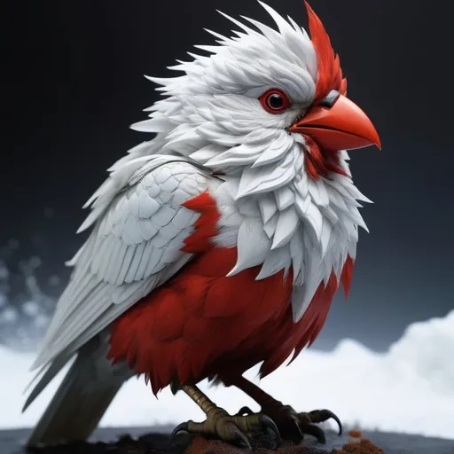 Prompt: small female angry furry mutant bird with white fur :: Arctic background :: she is only covered by snow and ice :: she is looking directly at camera :: Core :: Lightning :: Scarecrow :: Kaleidoscope :: Masterpiece :: white red white :: Biological :: muted brush stroke :: by Ruan Jia, by Travis Charest, by Yoji Shinkawa :: elaborate :: intricate :: hyper detailed :: 8k resolution :: a masterpiece :: concept art :: dynamic lighting :: Splash screen art :: deep colors