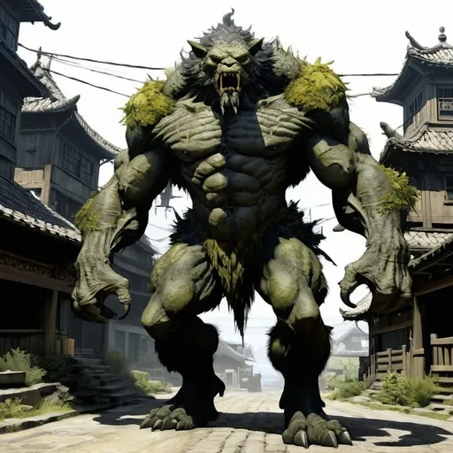 Prompt: giant male angry bipedal monster with gray fur :: medieval village in background :: he is only covered by fur :: he is looking directly at camera :: Core :: Scarecrow :: Kaleidoscope :: Masterpiece :: gray yellow green :: Biological :: muted brush stroke :: by Ruan Jia, by Travis Charest, by Yoji Shinkawa :: elaborate :: intricate :: hyper detailed :: 8k resolution :: a masterpiece :: concept art :: dynamic lighting :: Splash screen art :: deep colors :: zoom out :: wide angle lens :: seen from afar :: creature towers over the village