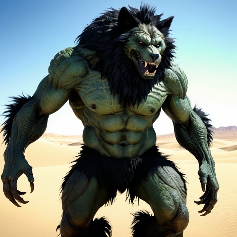 Prompt: giant male angry furry monster with black fur :: desert background :: he is only covered by fur :: he is looking directly at camera :: Core :: Scarecrow :: Kaleidoscope :: Masterpiece :: black brown green :: Biological :: muted brush stroke :: by Ruan Jia, by Travis Charest, by Yoji Shinkawa :: elaborate :: intricate :: hyper detailed :: 8k resolution :: a masterpiece :: concept art :: dynamic lighting :: Splash screen art :: deep colors :: zoom out :: wide angle lens