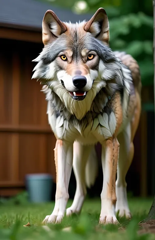 Prompt: huge wolf with mottled coloring : suburban backyard : ominous atmosphere 