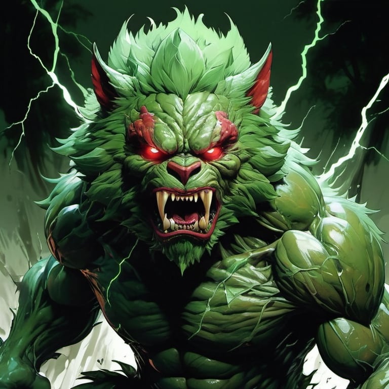 Prompt: small angry mutant furry monster with green fur :: forest background :: he is only covered by fur :: he is looking directly at camera :: zoom out :: Core :: Lightning :: Scarecrow :: Kaleidoscope :: Masterpiece :: green red green :: Biological :: muted brush stroke :: by Ruan Jia, by Travis Charest, by Yoji Shinkawa :: elaborate :: intricate :: hyper detailed :: 8k resolution :: a masterpiece :: concept art :: dynamic lighting :: Splash screen art :: deep colors