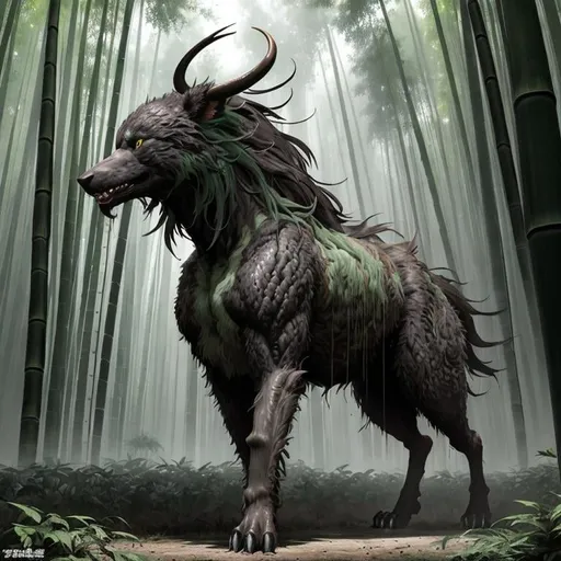Prompt: large furry female four-legged monster  :: bamboo forest :: Core :: Lightning :: Scarecrow :: Kaleidoscope :: Masterpiece :: brown gray green :: Biological :: muted brush stroke :: by Ruan Jia, by Travis Charest, by Yoji Shinkawa :: elaborate :: intricate :: hyper detailed :: 8k resolution :: a masterpiece :: concept art :: dynamic lighting :: Splash screen art :: deep colors
