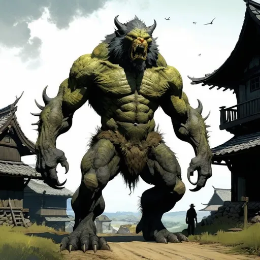 Prompt: giant male angry bipedal monster with gray fur :: medieval village in background :: he is only covered by fur :: he is looking directly at camera :: Core :: Scarecrow :: Kaleidoscope :: Masterpiece :: gray yellow green :: Biological :: muted brush stroke :: by Ruan Jia, by Travis Charest, by Yoji Shinkawa :: elaborate :: intricate :: hyper detailed :: 8k resolution :: a masterpiece :: concept art :: dynamic lighting :: Splash screen art :: deep colors :: zoom out :: wide angle lens :: seen from afar :: creature towers over the village