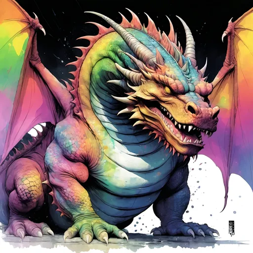 Prompt: a fat dragon with vestigial wings : watercolor : masterpiece : rainbow colors : biological : muted brush stroke : by Ruan Jia, by Travis Charest, by Yoji Shinkawa : elaborate : intricate : hyper detailed : 8k resolution : a masterpiece : concept art : dynamic lighting : Splash screen art : deep colors