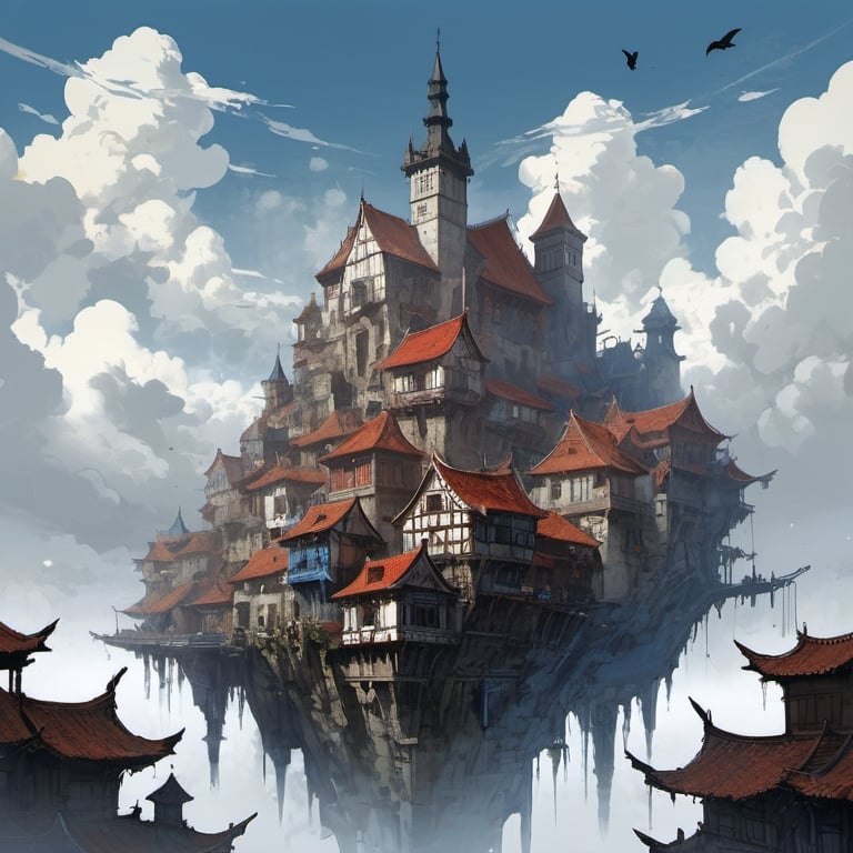 Prompt: medieval city floating in the clouds  :: Core :: Scarecrow :: Kaleidoscope :: Masterpiece :: blue white red :: Biological :: muted brush stroke :: by Ruan Jia, by Travis Charest, by Yoji Shinkawa :: elaborate :: intricate :: hyper detailed :: 8k resolution :: a masterpiece :: concept art :: dynamic lighting :: Splash screen art :: deep colors