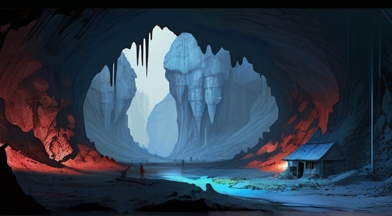 Prompt: a D&D style village built deep underground in a warren of caves :: Core :: Scarecrow :: Kaleidoscope :: Masterpiece :: blue white red :: Biological :: muted brush stroke :: by Ruan Jia, by Travis Charest, by Yoji Shinkawa :: elaborate :: intricate :: hyper detailed :: 8k resolution :: a masterpiece :: concept art :: dynamic lighting :: Splash screen art :: deep colors