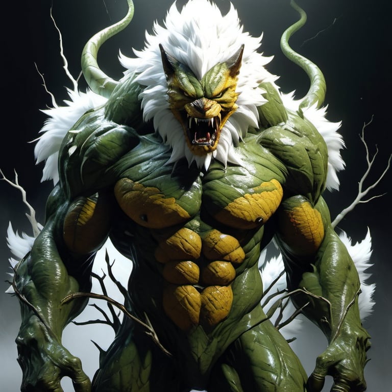 Prompt: small male angry furry serpentine monster with white fur :: Arctic background :: he is only covered by leaves and sticks :: he is looking directly at camera :: Core :: Lightning :: Scarecrow :: Kaleidoscope :: Masterpiece :: white yellow white :: Biological :: muted brush stroke :: by Ruan Jia, by Travis Charest, by Yoji Shinkawa :: elaborate :: intricate :: hyper detailed :: 8k resolution :: a masterpiece :: concept art :: dynamic lighting :: Splash screen art :: deep colors