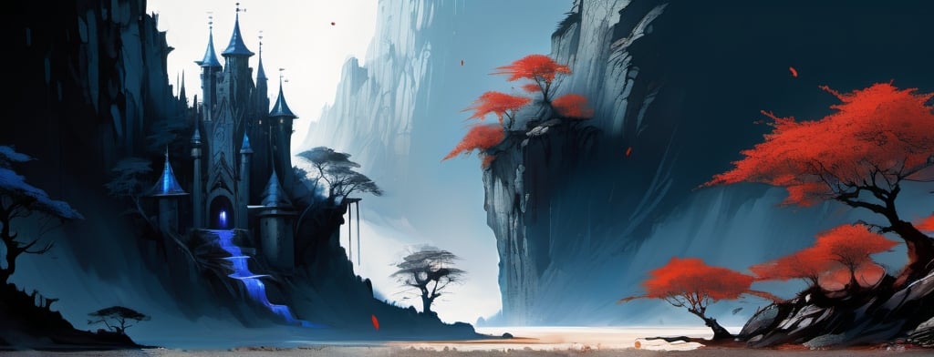 Prompt: a magical castle carved into a cliff :: Core :: Scarecrow :: Kaleidoscope :: Masterpiece :: blue white red :: Biological :: muted brush stroke :: by Ruan Jia, by Travis Charest, by Yoji Shinkawa :: elaborate :: intricate :: hyper detailed :: 8k resolution :: a masterpiece :: concept art :: dynamic lighting :: Splash screen art :: deep colors