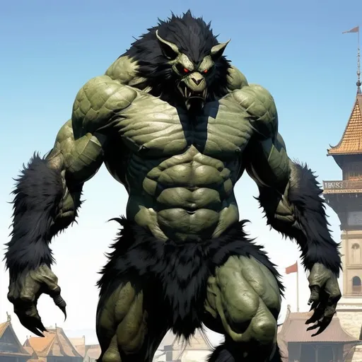 Prompt: giant male angry furry monster with black fur :: medieval town in background :: he is only covered by fur :: he is looking directly at camera :: Core :: Scarecrow :: Kaleidoscope :: Masterpiece :: black brown green :: Biological :: muted brush stroke :: by Ruan Jia, by Travis Charest, by Yoji Shinkawa :: elaborate :: intricate :: hyper detailed :: 8k resolution :: a masterpiece :: concept art :: dynamic lighting :: Splash screen art :: deep colors :: zoom out :: wide angle lens