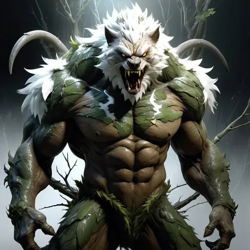 Prompt: small male angry furry serpentine monster with white fur :: Arctic background :: he is only covered by leaves and sticks :: he is looking directly at camera :: Core :: Lightning :: Scarecrow :: Kaleidoscope :: Masterpiece :: white brown white :: Biological :: muted brush stroke :: by Ruan Jia, by Travis Charest, by Yoji Shinkawa :: elaborate :: intricate :: hyper detailed :: 8k resolution :: a masterpiece :: concept art :: dynamic lighting :: Splash screen art :: deep colors