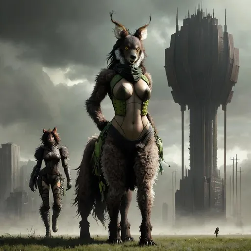 Prompt: large furry female four-legged monster  :: meadowland :: Core :: Scarecrow :: Kaleidoscope :: Masterpiece :: brown gray green :: Biological :: muted brush stroke :: by Ruan Jia, by Travis Charest, by Yoji Shinkawa :: elaborate :: intricate :: hyper detailed :: 8k resolution :: a masterpiece :: concept art :: dynamic lighting :: Splash screen art :: deep colors