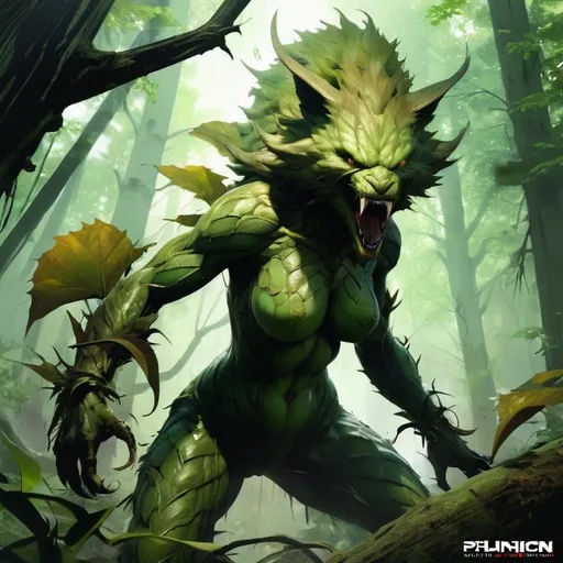 Prompt: small female angry furry serpentine monster with green fur :: forest background :: she is only covered by leaves and sticks :: she is looking directly at camera :: Core :: Lightning :: Scarecrow :: Kaleidoscope :: Masterpiece :: green brown green :: Biological :: muted brush stroke :: by Ruan Jia, by Travis Charest, by Yoji Shinkawa :: elaborate :: intricate :: hyper detailed :: 8k resolution :: a masterpiece :: concept art :: dynamic lighting :: Splash screen art :: deep colors