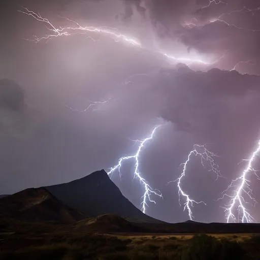 Prompt: picture of a mountain struck in the middle by lightning