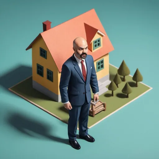 Prompt: a man in a suit holding a small house in his hand with a tie on it's neck, Edi Rama, arts and crafts movement, isometric view, a digital rendering