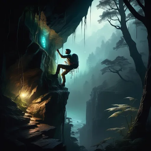 Prompt: (climber on a cliff), (gloomy atmosphere), bioluminescent glow, deep forest background, dark earthy tones, ethereal light filtering through windows, mystical vibe, enchanting surroundings, ultra-detailed, high resolution, capturing the contrast between dark shadows and shimmering highlights.