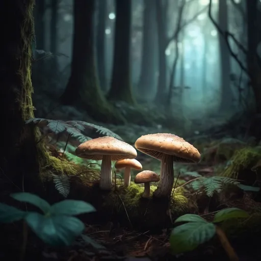 Prompt: (marvelous mushroom), (gloomy atmosphere), (shiny details), bioluminescent glow, deep forest background, dark earthy tones, ethereal light filtering through leaves, mystical vibe, enchanting surroundings, ultra-detailed, high resolution, capturing the contrast between dark shadows and shimmering highlights.