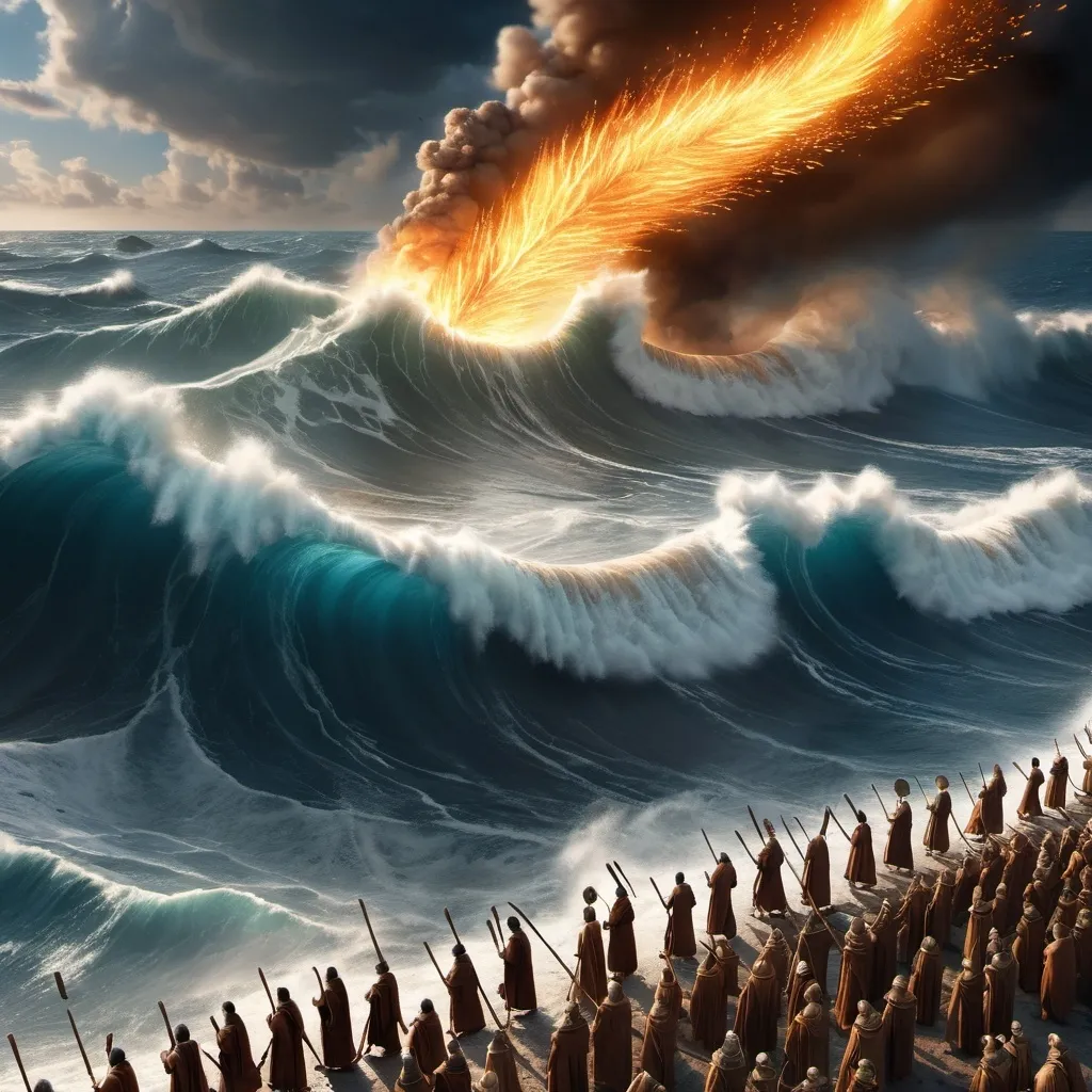 Prompt: Shot from above, Realistic image of moses lifting his wooden stick parting the sea, many ancient people carrying luggage walks in the middle of ground sea and flame pillar on ground behind them, soaring wave, stormy sea, strong wind, ragged cloak