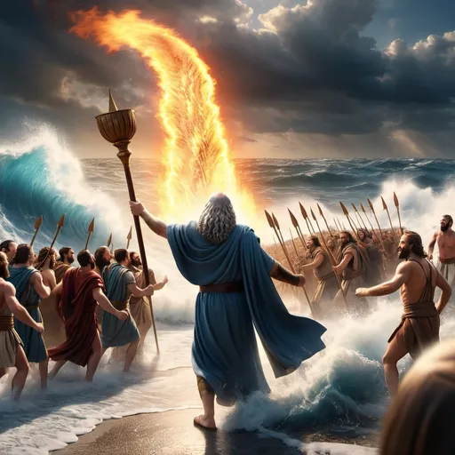 Prompt: Shot from the front, wide view, Realistic image of moses lifting his wooden stick parting the sea while flame pillar on ground behind him, many ancient people carrying luggage walks behind him, soaring wave, stormy sea, strong wind, ragged cloak