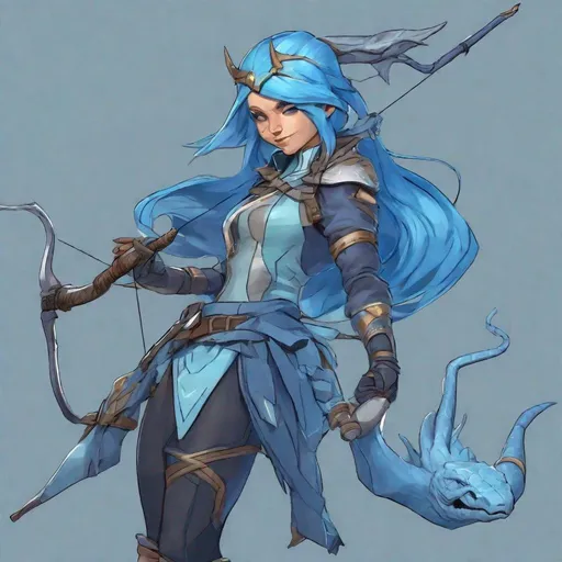 Prompt: light blue skinned female with flowing blue hair ranger wielding a dragon bow