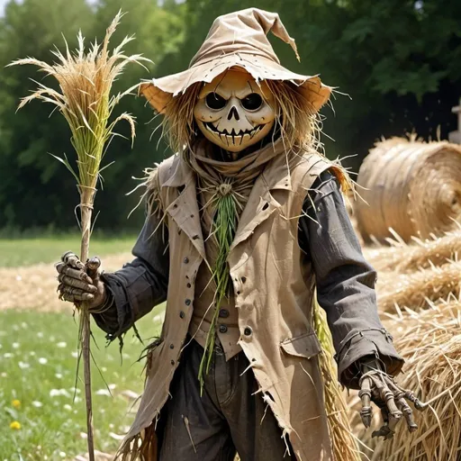 Prompt: living scarecrow warlock in rags with straw sprouting from his body