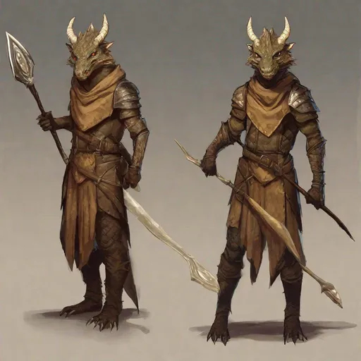 Prompt: topaz dragonborn ranger that wields a wooden spear