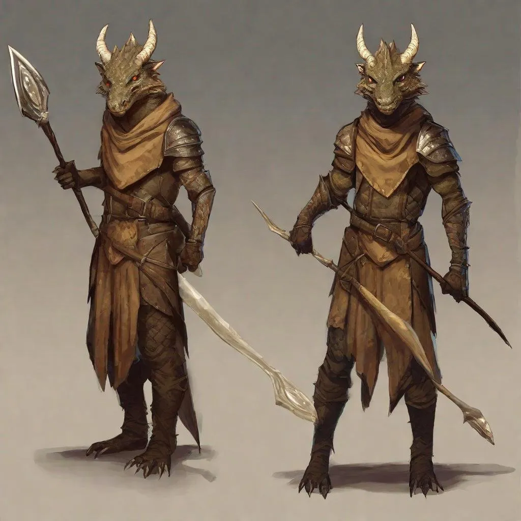 Prompt: topaz dragonborn ranger that wields a wooden spear