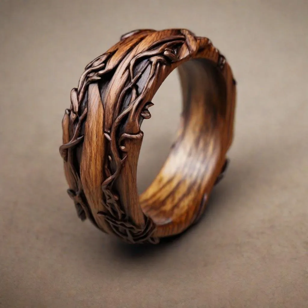 Prompt: wooden ring with vines wrapped around it