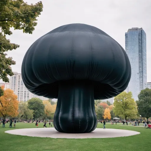 Prompt: a big totally black inflatable mushroom in the middle of a city park
