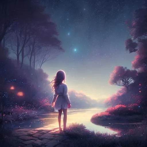 Prompt: Girl walking under starlight, digital painting, peaceful atmosphere, detailed hair and clothing, high quality, serene, night sky, peaceful, calm, detailed stars, dreamy, atmospheric lighting