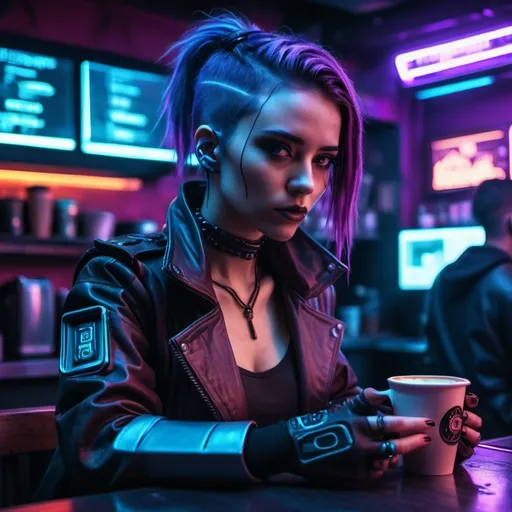 Prompt: Grainy photo cyberpunk style, women in coffee shop, highly detailed, HD, dark background