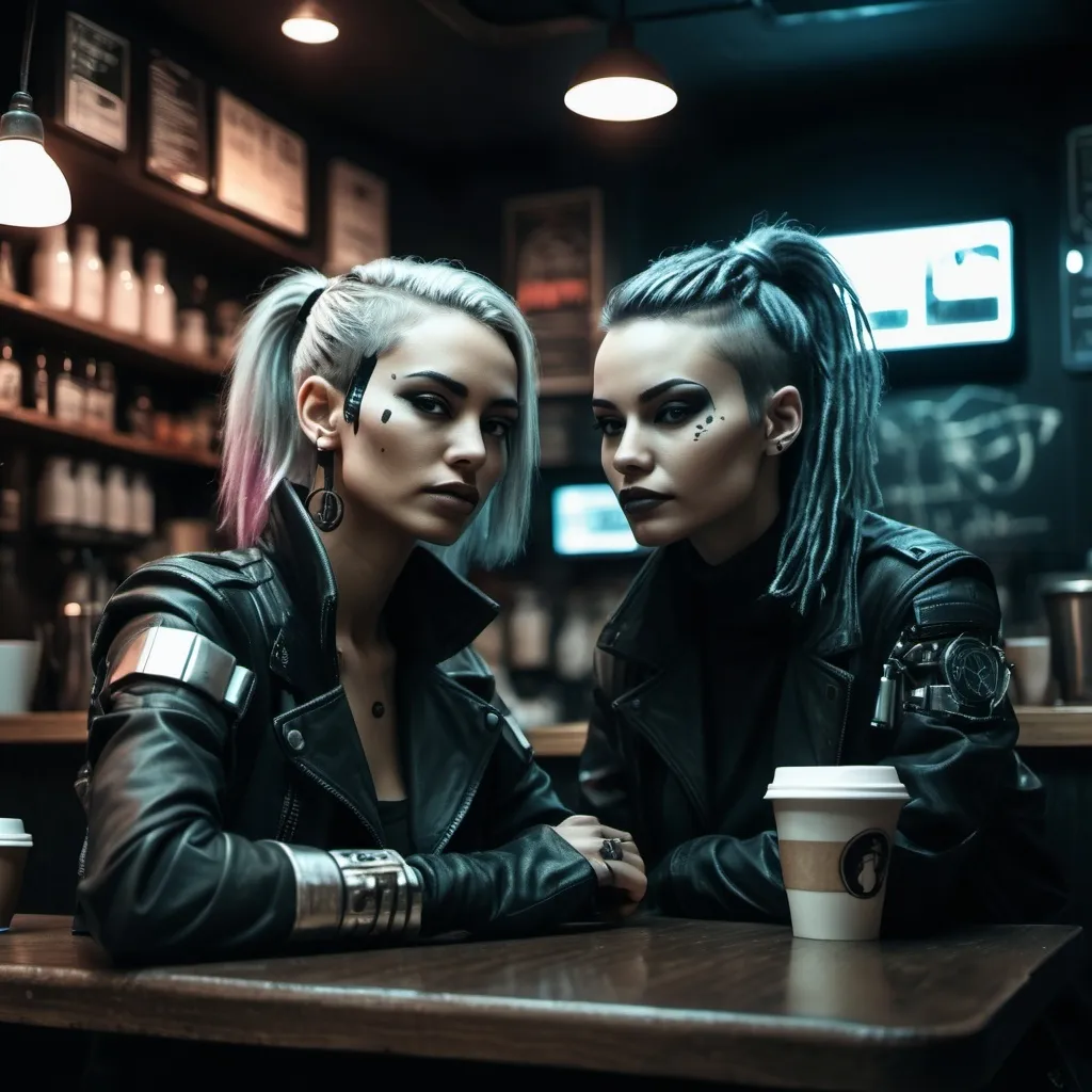 Prompt: Grainy photo cyberpunk style, women in coffee shop, highly detailed, HD, dark background