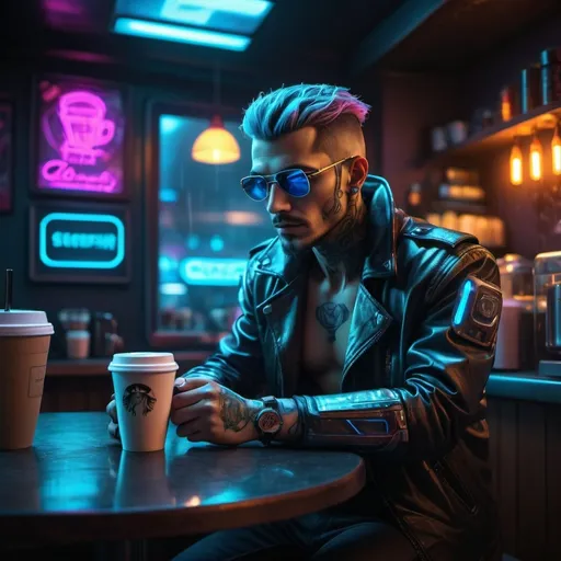 Prompt: Cyberpunk style, man in coffee shop, highly detailed, dark background, photo realistic 