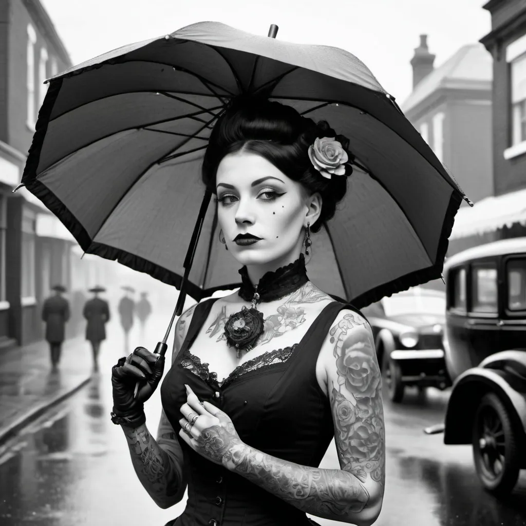 Prompt: Victorian dressed women with tattoos and piercings in Victorian looking street with umbrella, black and white