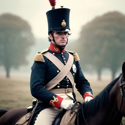 Prompt: (Male in Napoleonic British cavalry uniform), posing, soft focus, muted colors, typical of early film photography, historical setting, cinematic lighting, atmospheric, dramatic shadows, 19th-century backdrop, meticulous uniform details, battlefield inspired background, professional, HD, ultra-detailed, 4K.