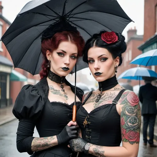 Prompt: Victorian dressed women with tattoos and piercings in street with umbrella 