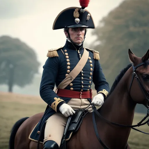 Prompt: (Male in Napoleonic British cavalry uniform), posing, soft focus, muted colors, typical of early film photography, historical setting, cinematic lighting, atmospheric, dramatic shadows, 19th-century backdrop, meticulous uniform details, battlefield inspired background, professional, HD, ultra-detailed, 4K.