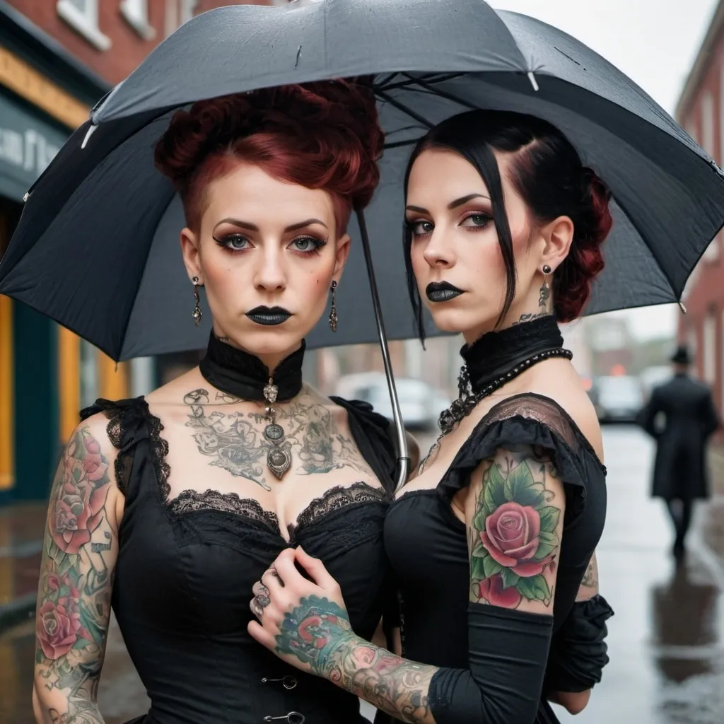 Prompt: Victorian dressed women with tattoos and piercings in street with umbrella 