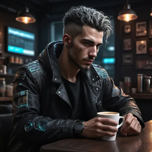 Prompt: Cyberpunk style, man in coffee shop, highly detailed, dark background, photo realistic 